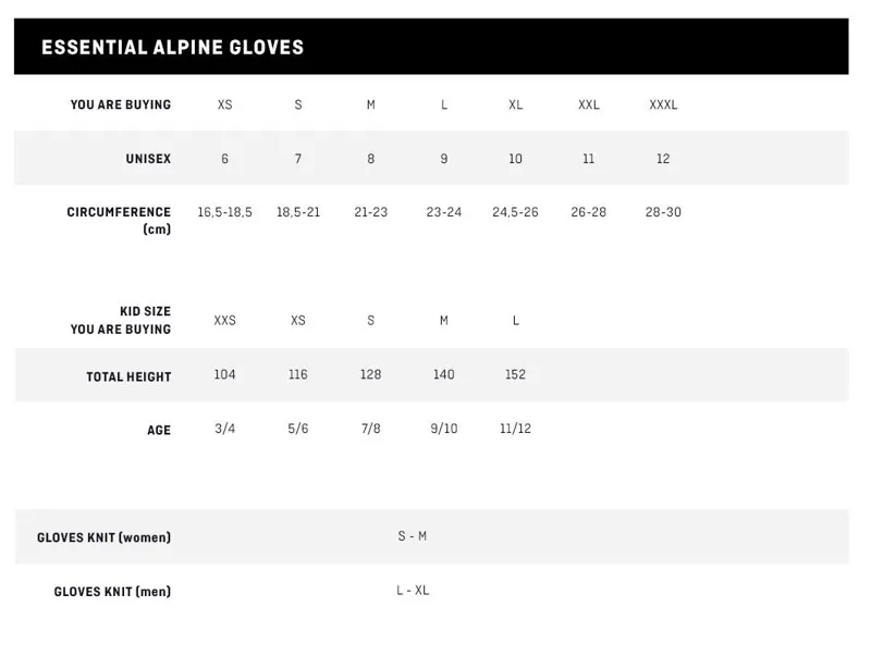 Salewa Glove Size Chart